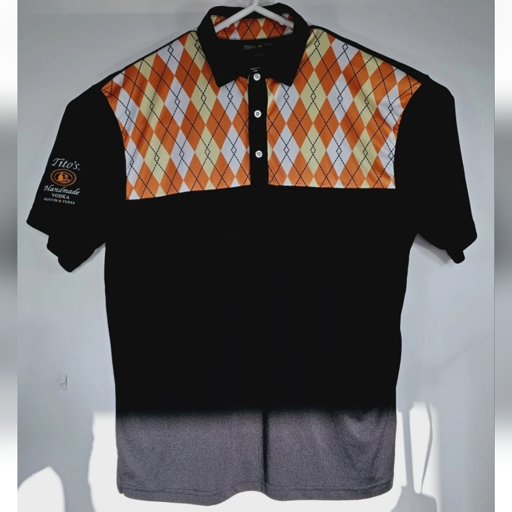 Titos Vodka Mens Size Large Golf Shirt Polo Black Argyle